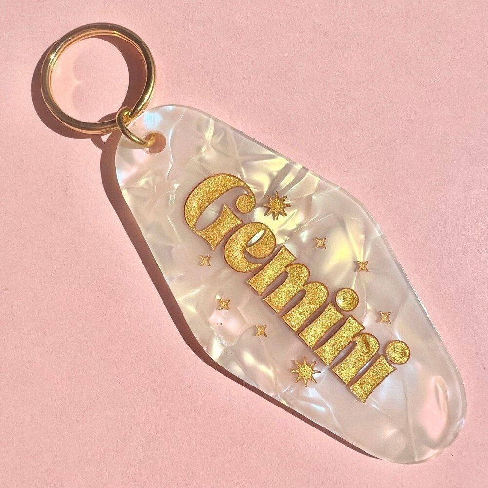 Gemini Engraved Gold Glitter Resin Horoscope Keychain